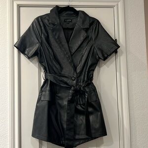 IN THE STYLE black leather short sleeve wrap romper with belt waist tie